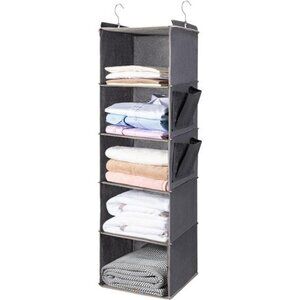 Hanging closet organizer 5 tier shelves with side pockets foldable storage grey